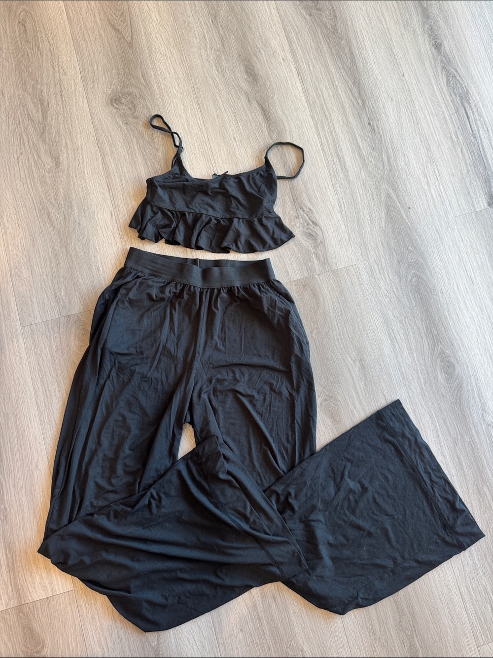 WeWoreWhat Black Ruffle Bralette & Wide-Leg Lounge Pants Set